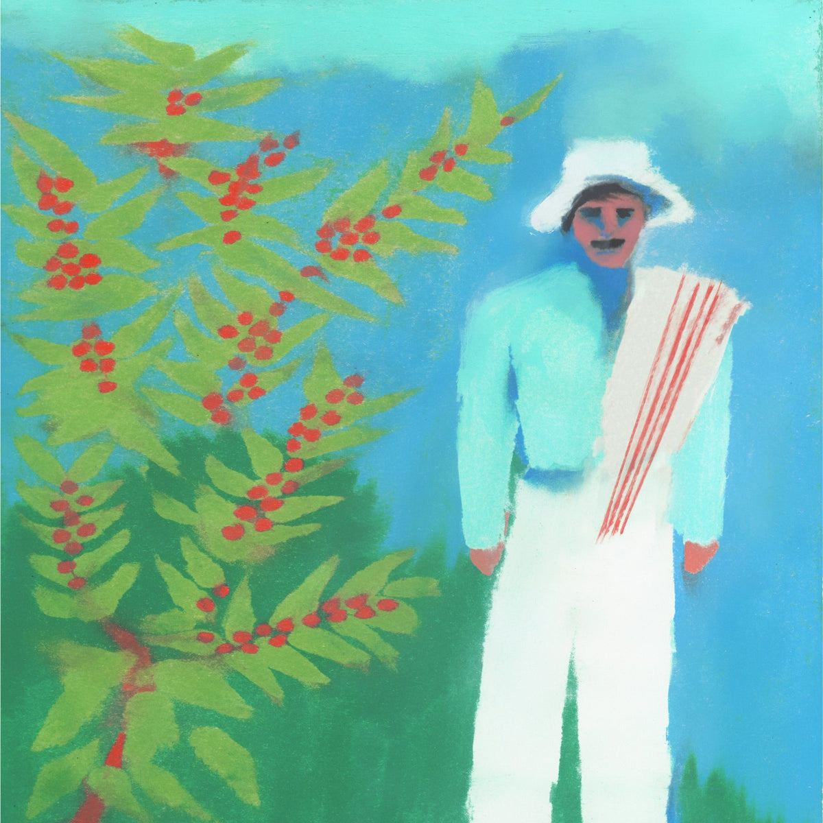 A colorful painted scene showing a Colombian Farmer in a white hat and light blue outfit standing beside a coffee tree with red ripe coffee cherries against a bright blue background.